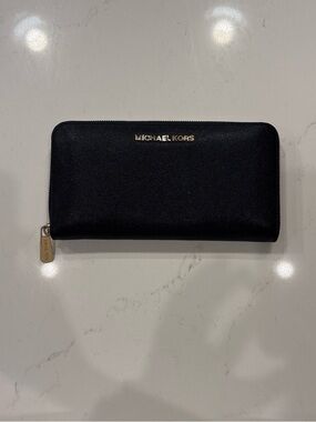 Michael Kors Black Saffiano Zip Wallet with Gold Hardware
